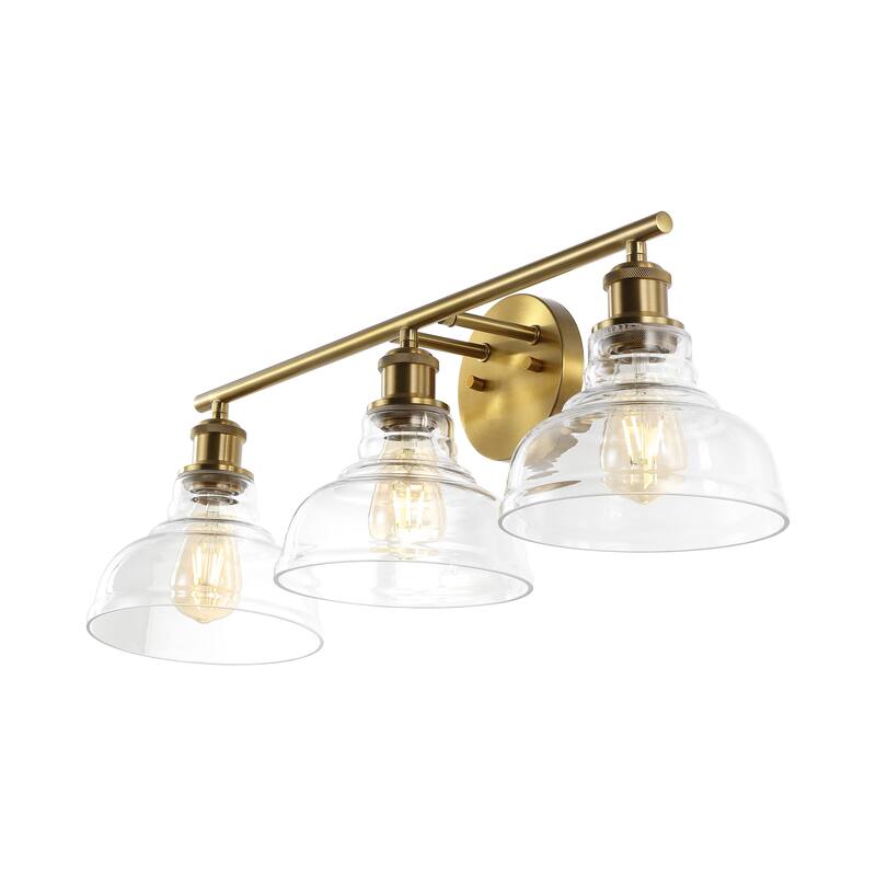 SAFAVIEH Baiba 3-Light Bathroom Vanity Wall Sconce (LED Bulbs Included) - 27.3 In. W x 8.8 In. D x 9.8 In. H - 27Wx9Dx10H - Brass Gold/Clear
