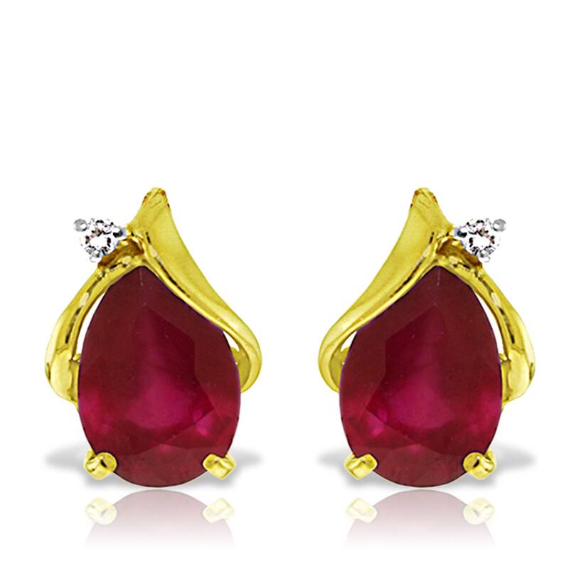 14K Solid Gold Studs Gemstone Earrings Natural Diamond & Ruby - Yellow