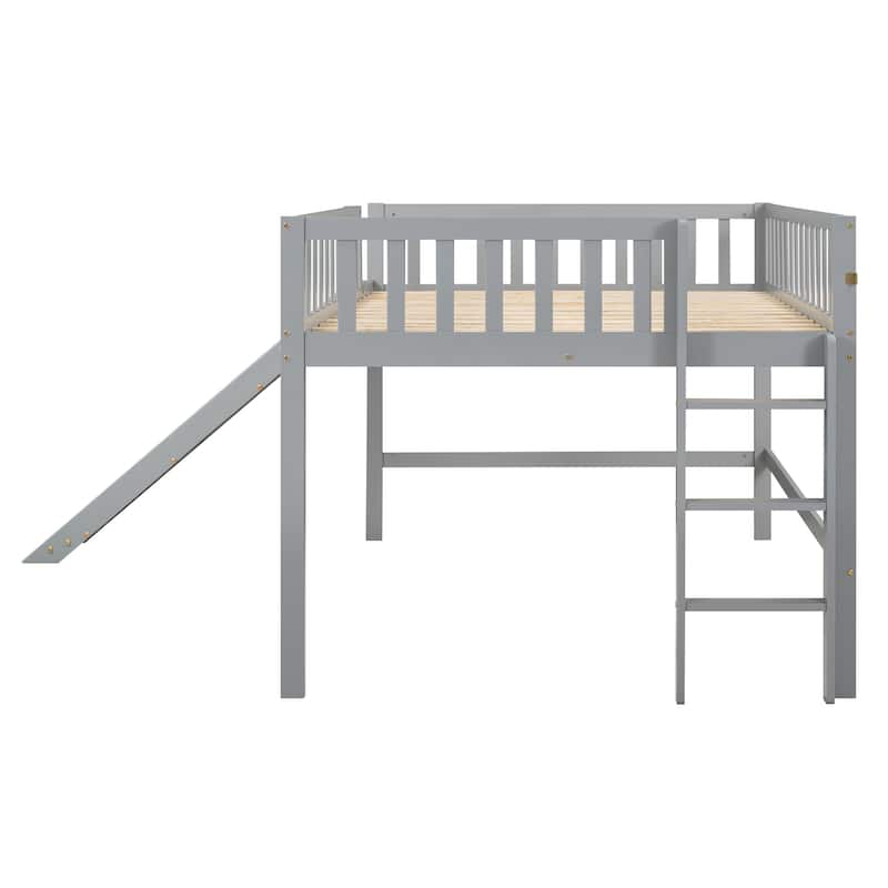 Full Size Low Loft Bed with Removable Slide and Space-Saving Ladder, Gray