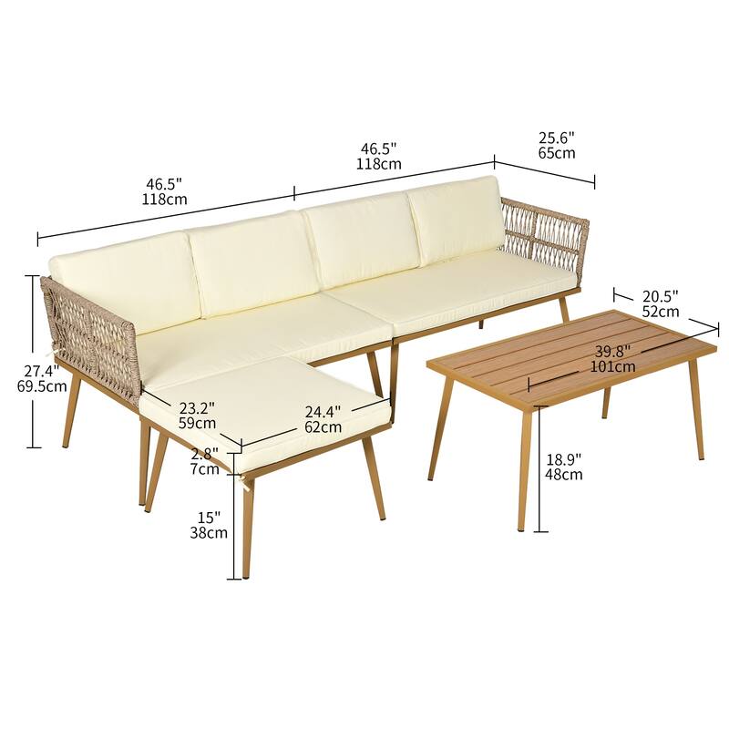 Moasis 4-Piece Outdoor Patio Conversation Set Wicker Sectional L-Shaped Sofa with Cushions and Side Table