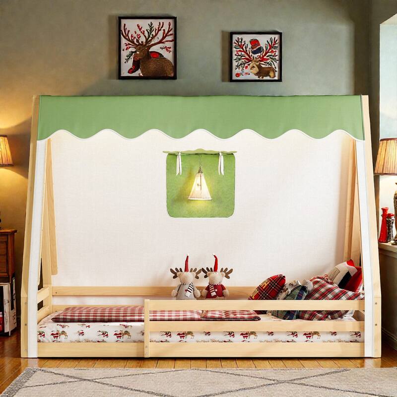 Montessori House Floor Bed with Tent and Lights, Solid Wood Teepee Bed with Guardrails, Twin/Full Kids Bed Frame