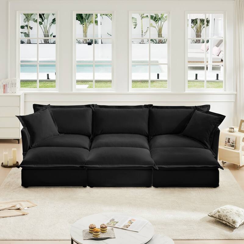 Modern 3-seater upholstered sofa with 3 ottomans and 2 pillows