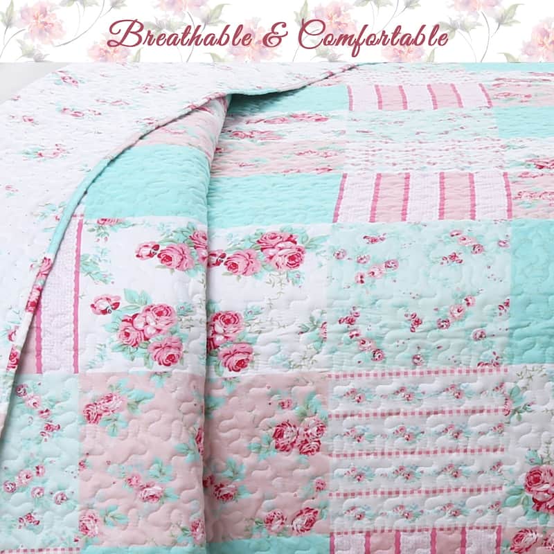 Cozy Line Tiffany Pink Garden Floral Pink Reversible Quilt Bedding Set with Throw Pillows