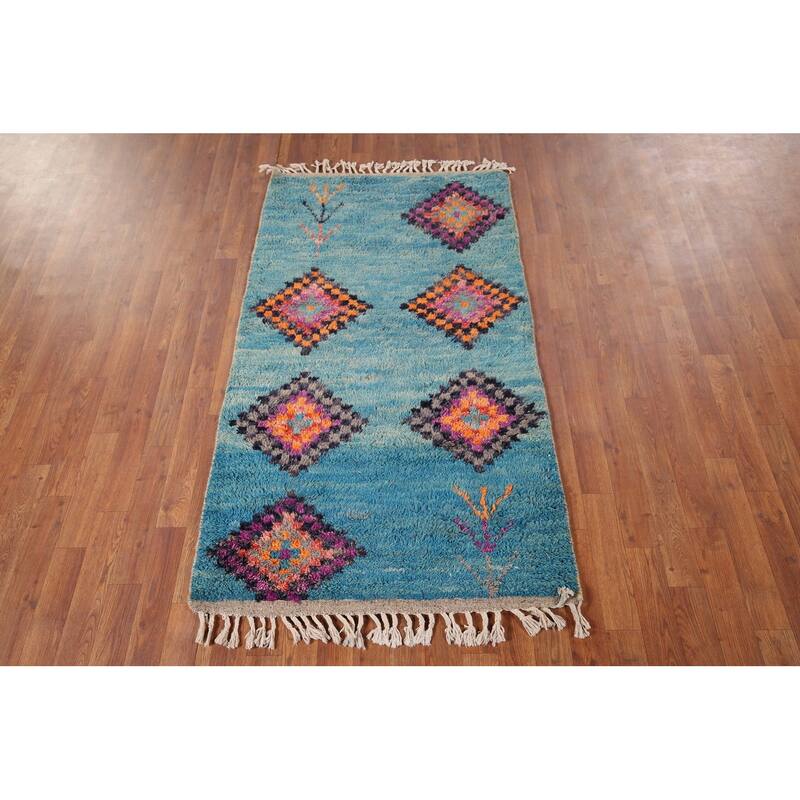 Plush Geometric Blue Moroccan Accent Rug Hand-Knotted Wool Carpet - 3'1" x 5'7"