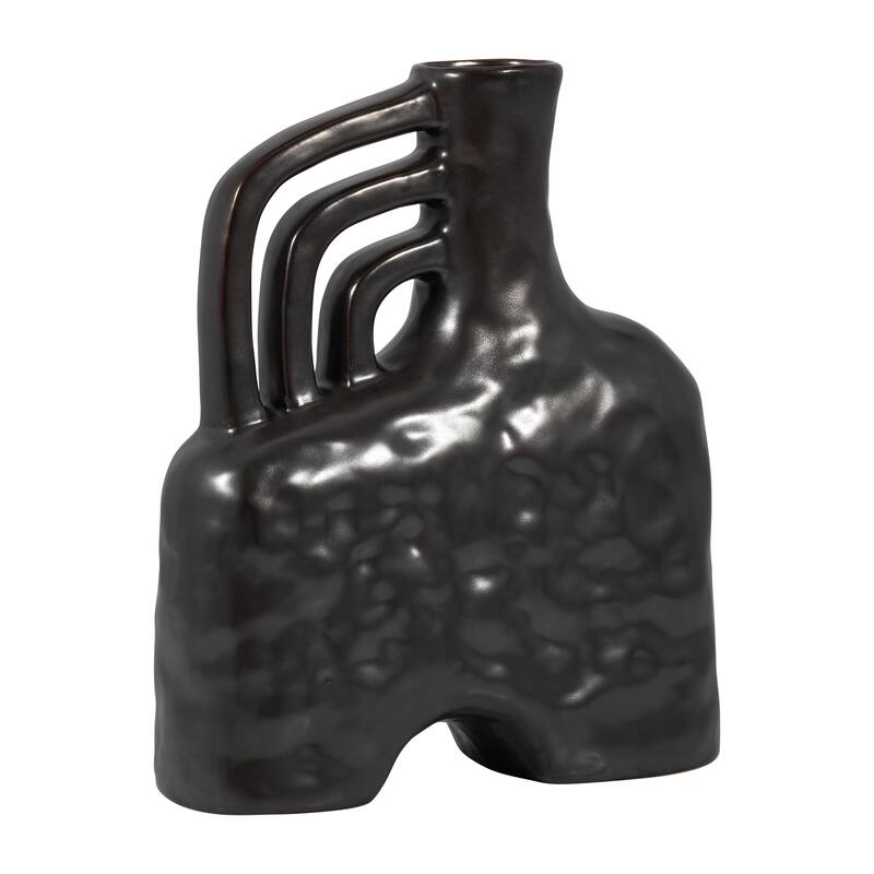 Ceramic Metallic Triple Handle Vase, Black, Novelty, Solid Color