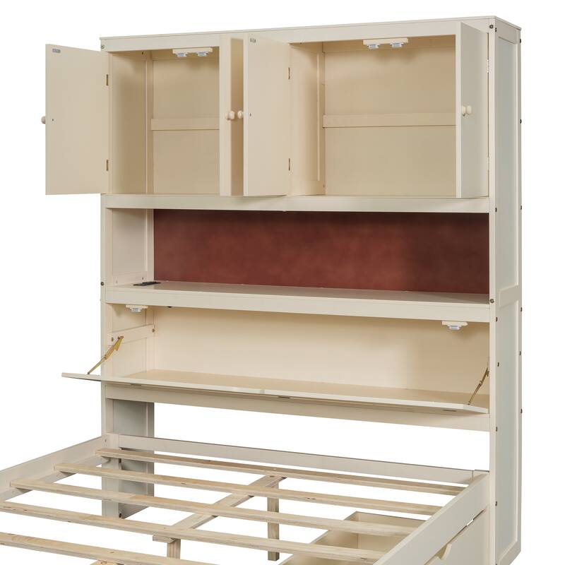 Full Size Wooden Platform Bed Multi-Functional Storage Bed with Flip-Up Headboard USB Charging