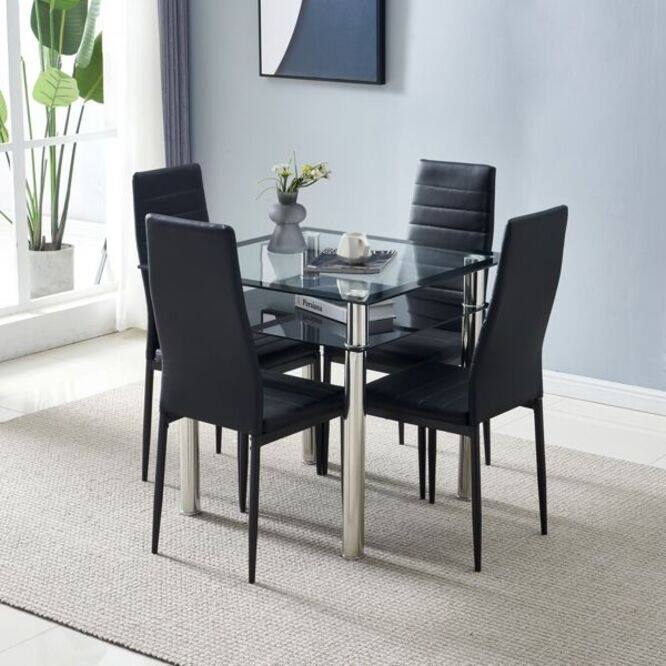 4pcs Elegant Black Assembled Stripping Texture High Backrest Dining Chairs