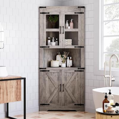 Farmhouse Tall Corner Cabinet with Barn Door,Adjustable Shelves and Corner Storage