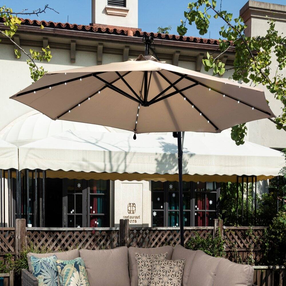 10ft Outdoor Patio Offset Cantilever Solar LED Umbrella W/ 32 Solar Powered LED Easy Tilt Adjustment -Beige