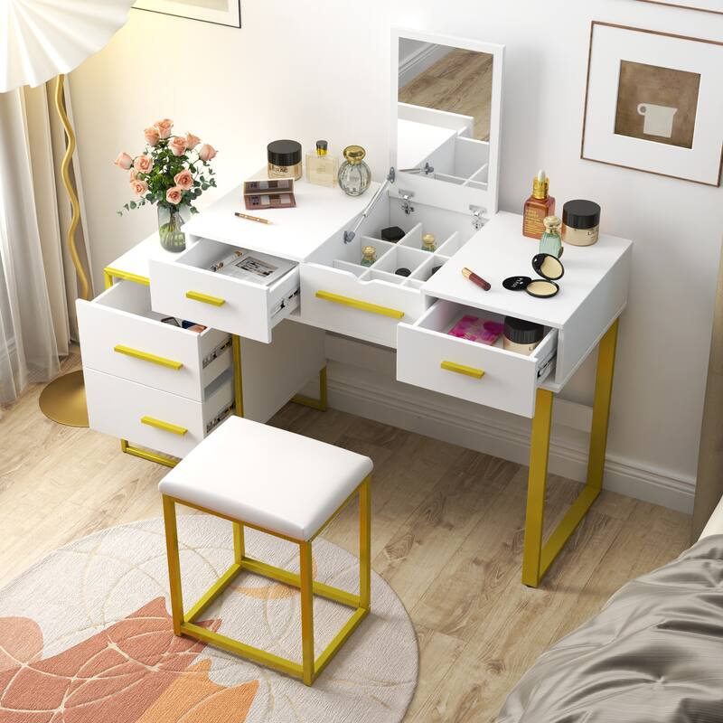 Roomfitters White and Yellow Makeup Vanity Set with Mirror, 4-Drawer Dressing Table with Stool and Nightstand for Bedroom