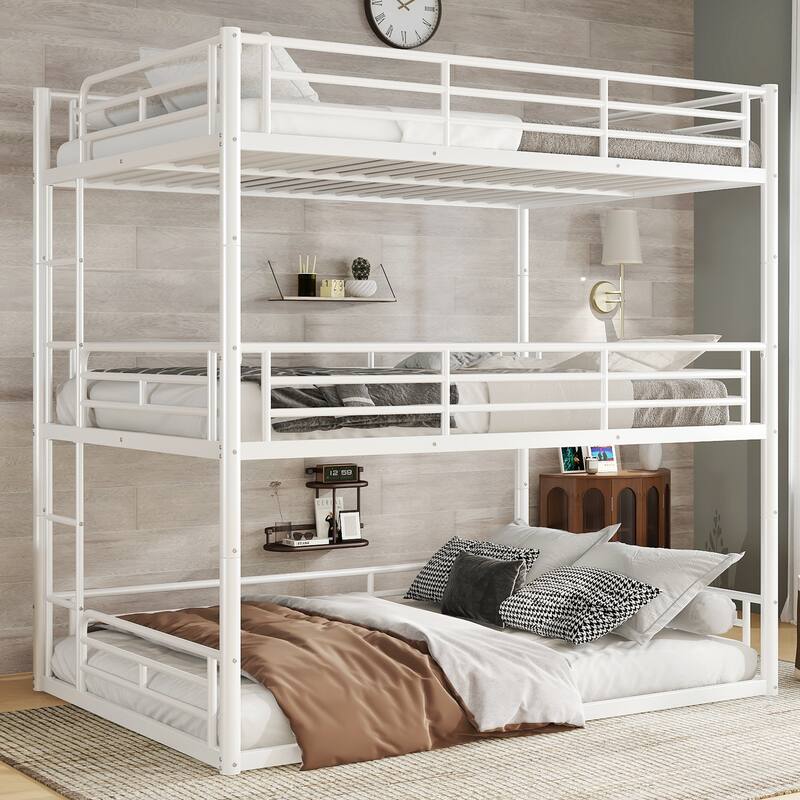 Full over Full over Full Bunk Bed, Metal Triple Bunk Bed with Safety Guardrails, Heavy-duty Bunk Bed with Noise-reduced Design - Light White