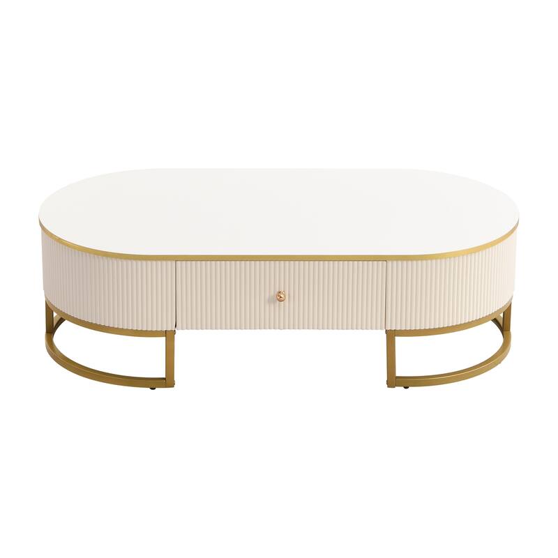 Sleek Oval Coffee Table, White MDF Top with Gold Lacquer Base, Storage Drawers, 47.2"
