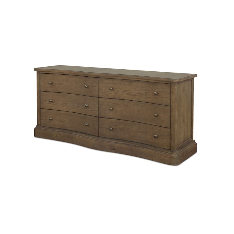 Lioren Dresser, Solid Oak, 6 Drawers, Curved Front, Brass Handles, Warm Brown
