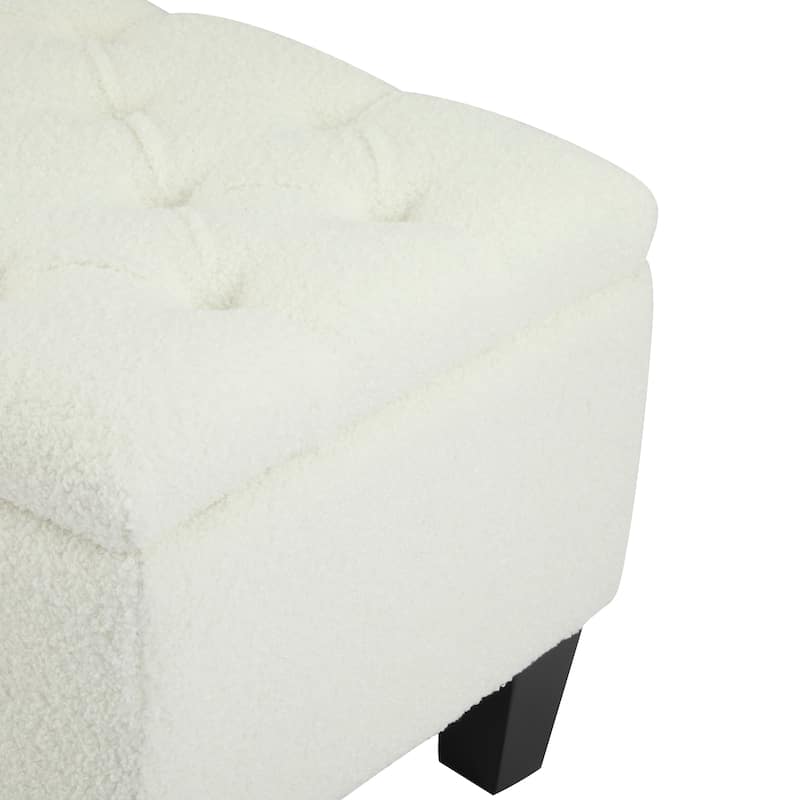 Boucle Fabric Storage Ottoman Bench, Wooden Rectangular Entryway Bench, End of Bed Bench with Smart Hinges & Rubber Wood Legs