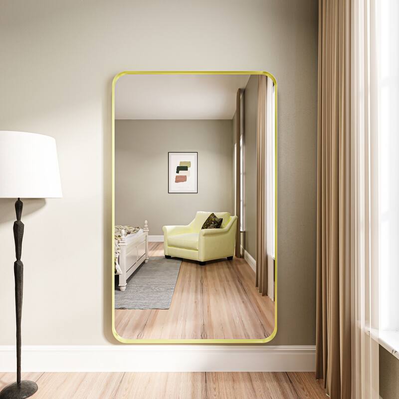 Organnice Rectangular Aluminum Framed Modern Rounded Wall Mount Mirror