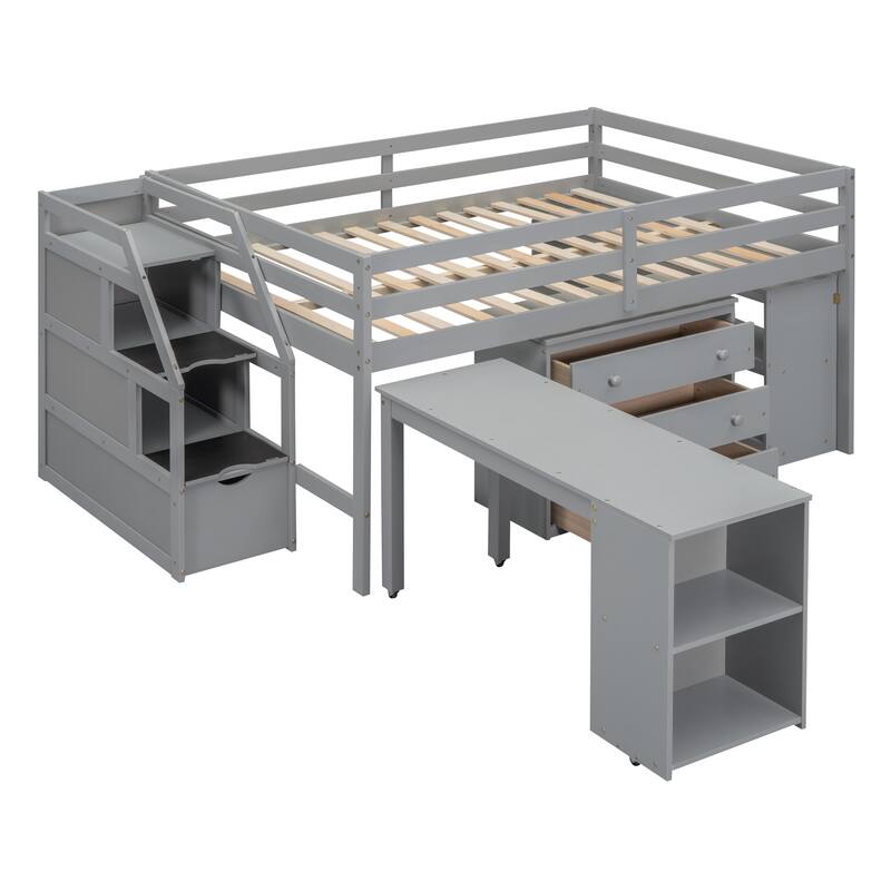 Full Size Loft Bed with Retractable Desk, Storage Stairs, and Shelves, Gray