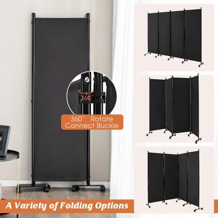 4-Panel Folding Room Divider Rolling Privacy Screen with Lockable Wheels - 89" x 12" x 68" (L x W x H)
