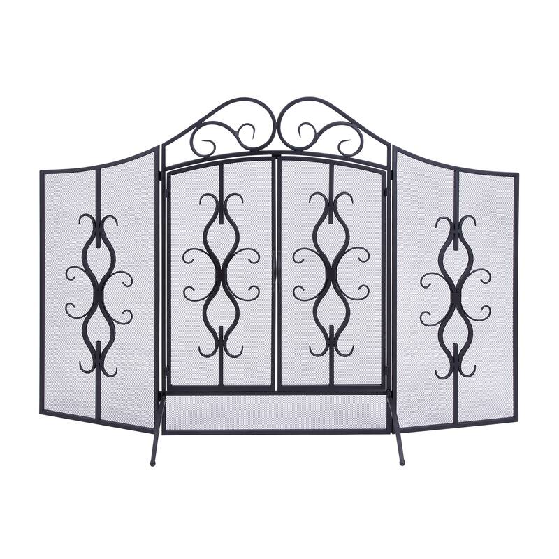 Gray Metal Foldable Mesh Netting 3 Panel Scroll Fireplace Screen