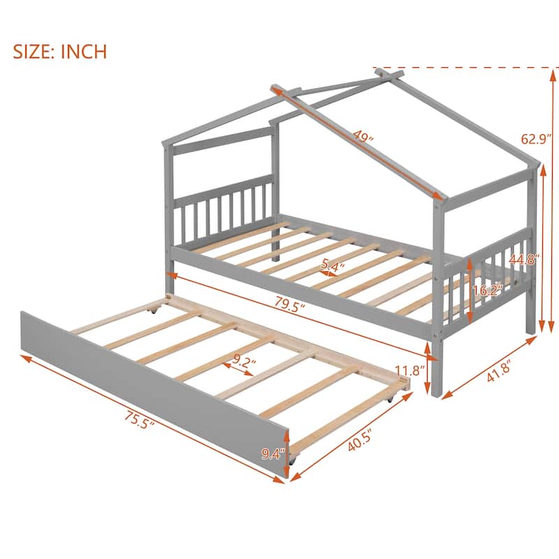 Solid Wooden House Bed with Twin Size Trundle