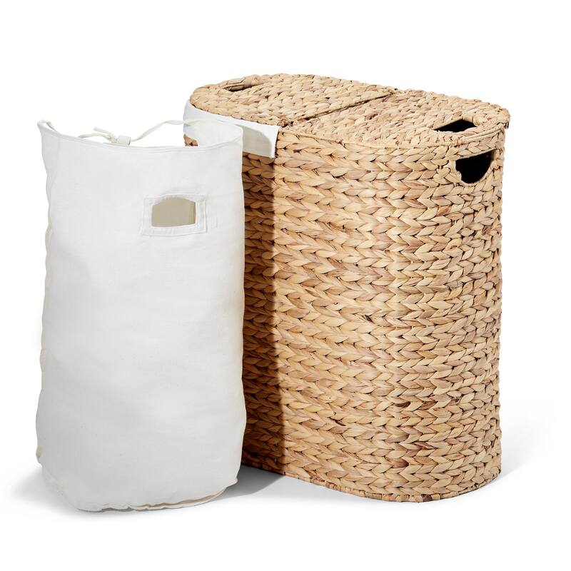 Seville Classics Hand Woven Natural Wicker Water-Hyacinth Lidded Oval Double Laundry Hamper
