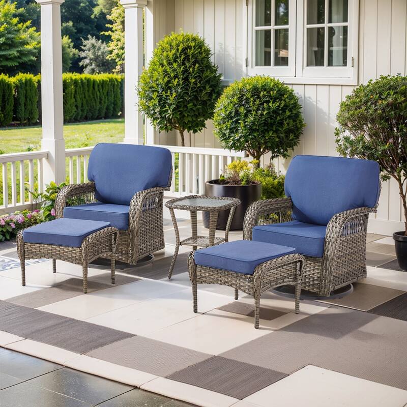 Pocassy Patio Outdoor Sofa Ottoman with Swivel Chair Table Funiture Set. - Gray Wicker Blue Cushion - 5-Piece Swivel Chair Ottoman w/ Side Table