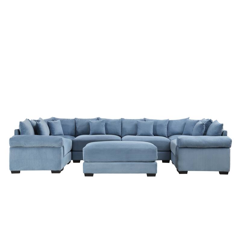GDFStudio - Corduroy U-Shaped 6-Seater 137.7" Cloud Modular Sectional Couch with Ottoman