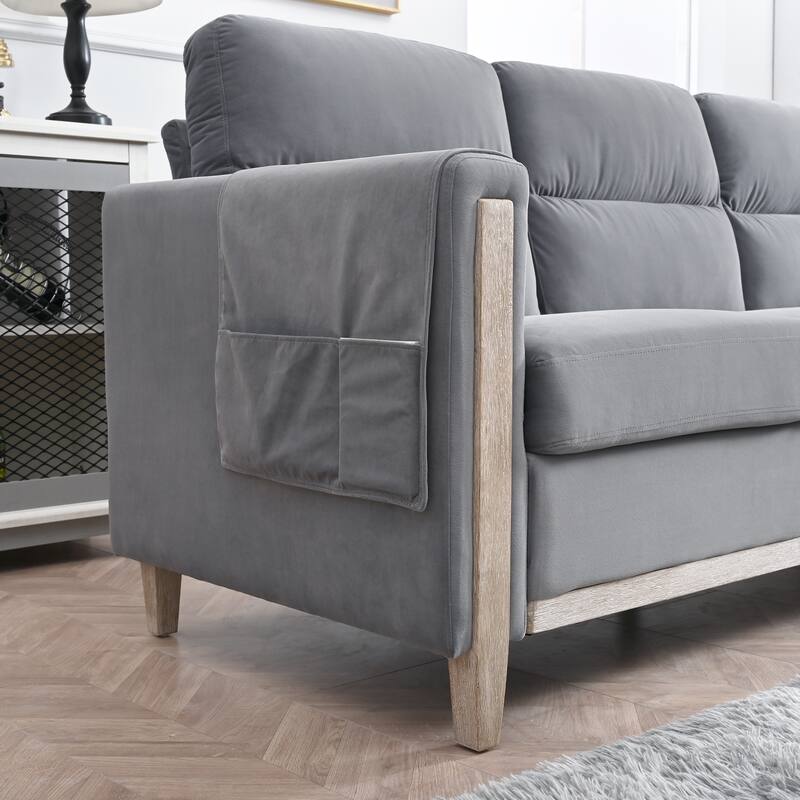 Modern Solid Wood 3 Seat Couch, 79.5" Fabric Upholstered Sofa with Square Arm for Living Room and Apartment