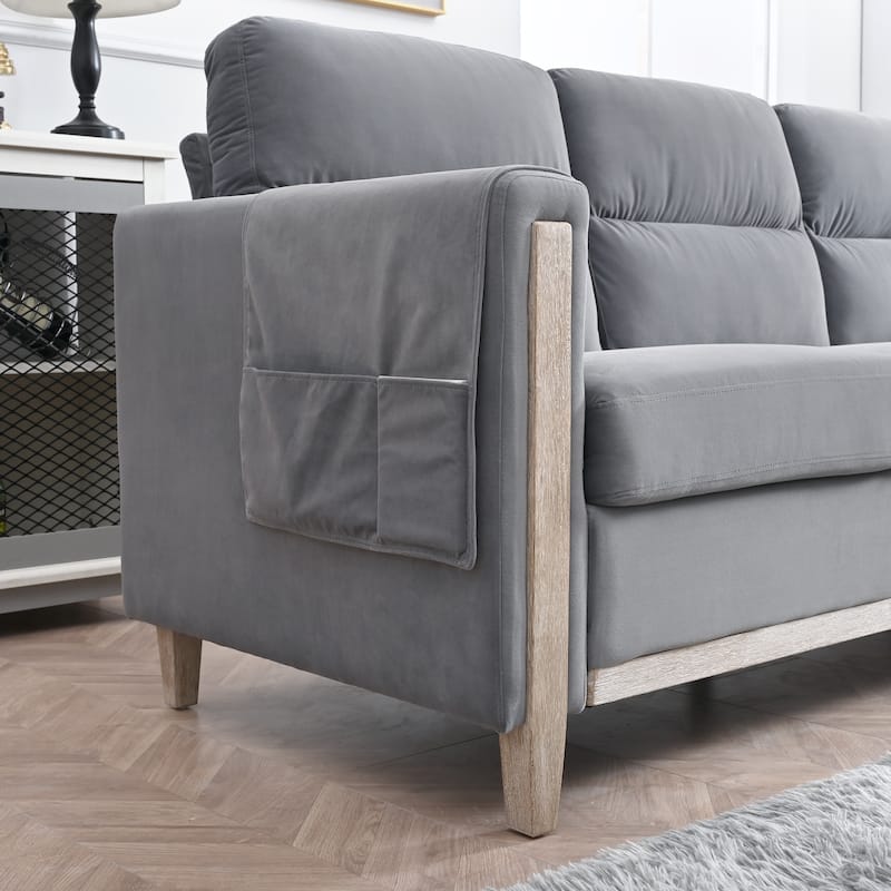Modern Upholstered Sofa With Side Pocket Solid Wood Frame 3-Seater Sofa For Living Room Bedroom