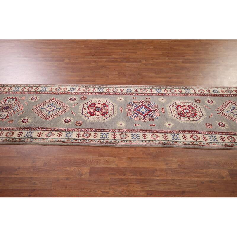 Gray Geometric Kazak Runner Rug Handmade Oriental Wool Carpet - 2'8" x 19'5"