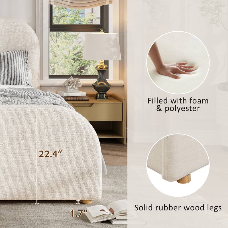 Christopher Knight Home - Thalassa Linen Bed Frame with Curved Headboard and Solid Wood Legs