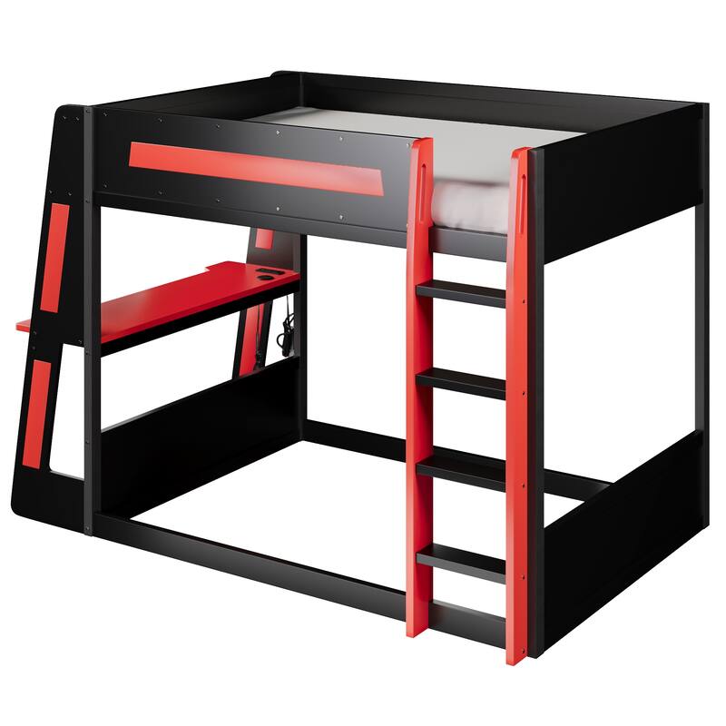 Gaming Bunk Bed with Computer Desk, Storage Shelves, USB Port and LED Strip Lighting, Esports Design, Wooden Gaming Bed