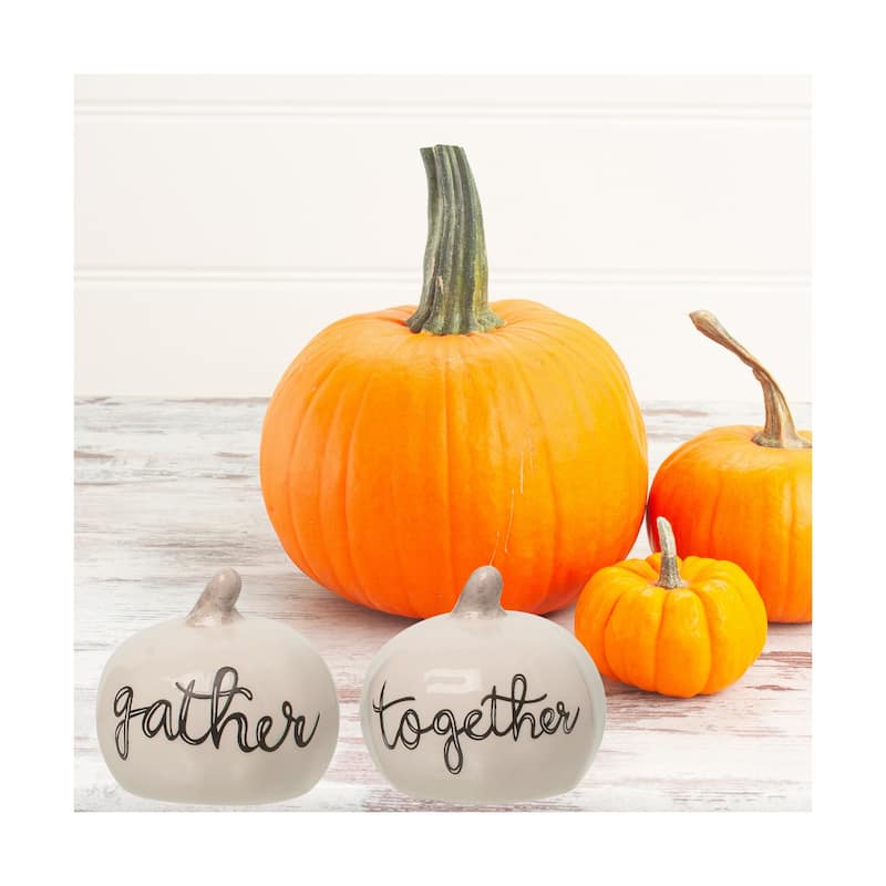 Transpac Dolomite 2.5 in. White Harvest Gather Together Pumpkin Salt and Pepper Shaker Set of 2