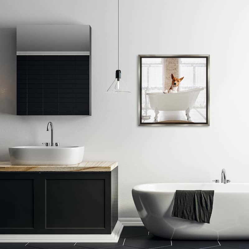 Stupell Happy Dog in Bathroom Tub Framed Floater Canvas Wall Art Design By CAD Designs