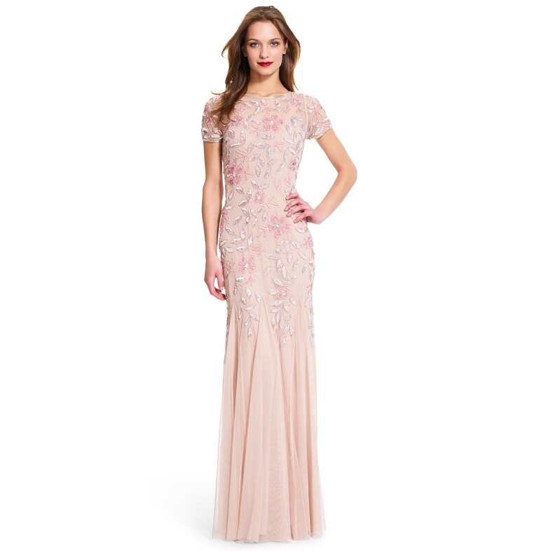 Adrianna Papell Floral Beaded Godet Gown with Short Sleeves, Blush, 16 -  Overstock - 24121120
