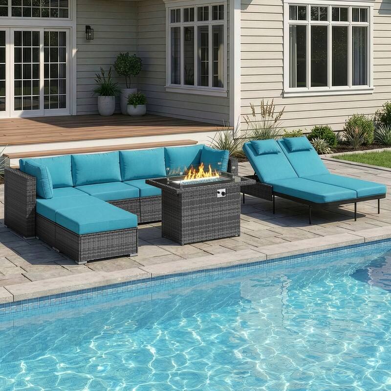 Outdoor Sectional Conversation Set PE Wicker with Double Chaise Lounge, 60,000 BTU Fire Pit Table - 8-Piece/Ottoman - Teal