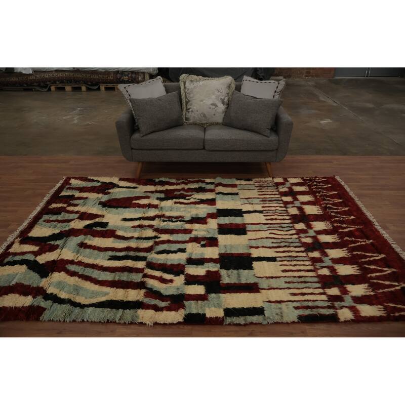 Hand Knotted Oriental 100% Wool Carpet Modern Tribal Beige & Ivories Moroccan Area Rug - 9' 2'' X 6' 0''
