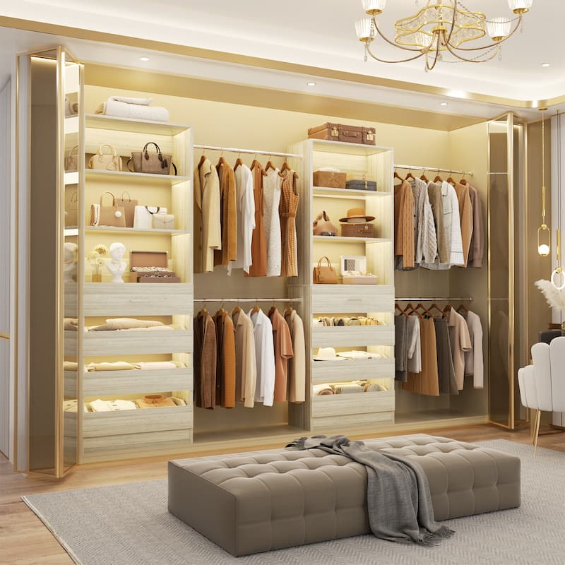 Qvella 95''-136'' W Closet System with 8 Wooden Drawers and 4 Hanging Rods, Walk-in Closet Organizer with 6 Storage Shelves