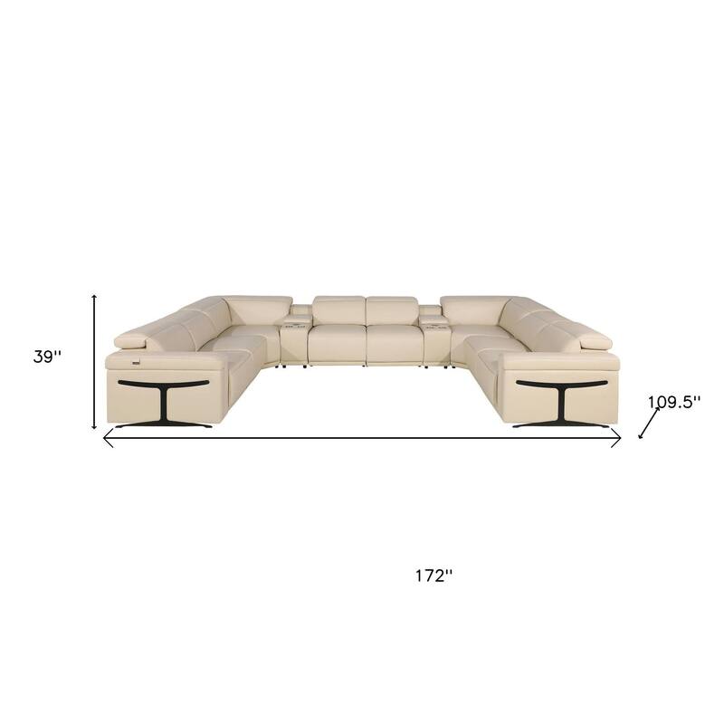 HomeRoots Beige Italian Leather Power Reclining U Shaped Ten Piece Corner Sectional With Console