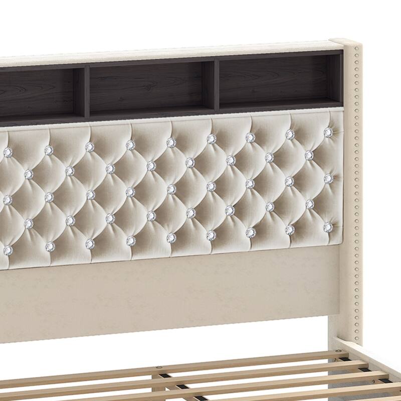 58" Tall Wingback Storage Headboard Bed Frame with USB Charging Stations and Deep Button Tufted