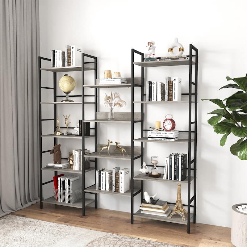 Triple Wide 5-shelf Bookshelves Industrial Retro Wooden Style Open Bookshelves