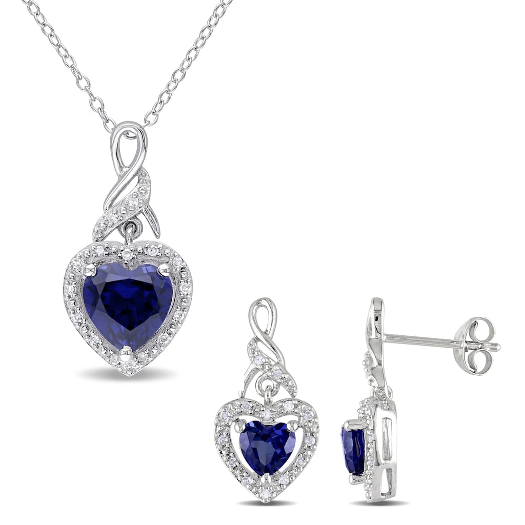 Miadora 3 3/8ct TGW Created Blue Sapphire 1/5ct TDW Diamond Heart Earrings Necklace Set Sterling Silver