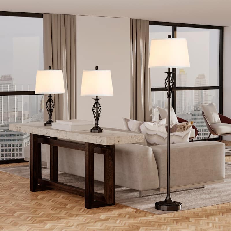 3 Piece Table Floor Lamp Set with Metal Pole, Round Base, and Fabric Lampshade, for Living Room - White