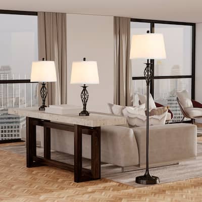 HOMCOM 3 Piece Table Floor Lamp Set with Metal Pole, Round Base, and Fabric Lampshade, for Living Room