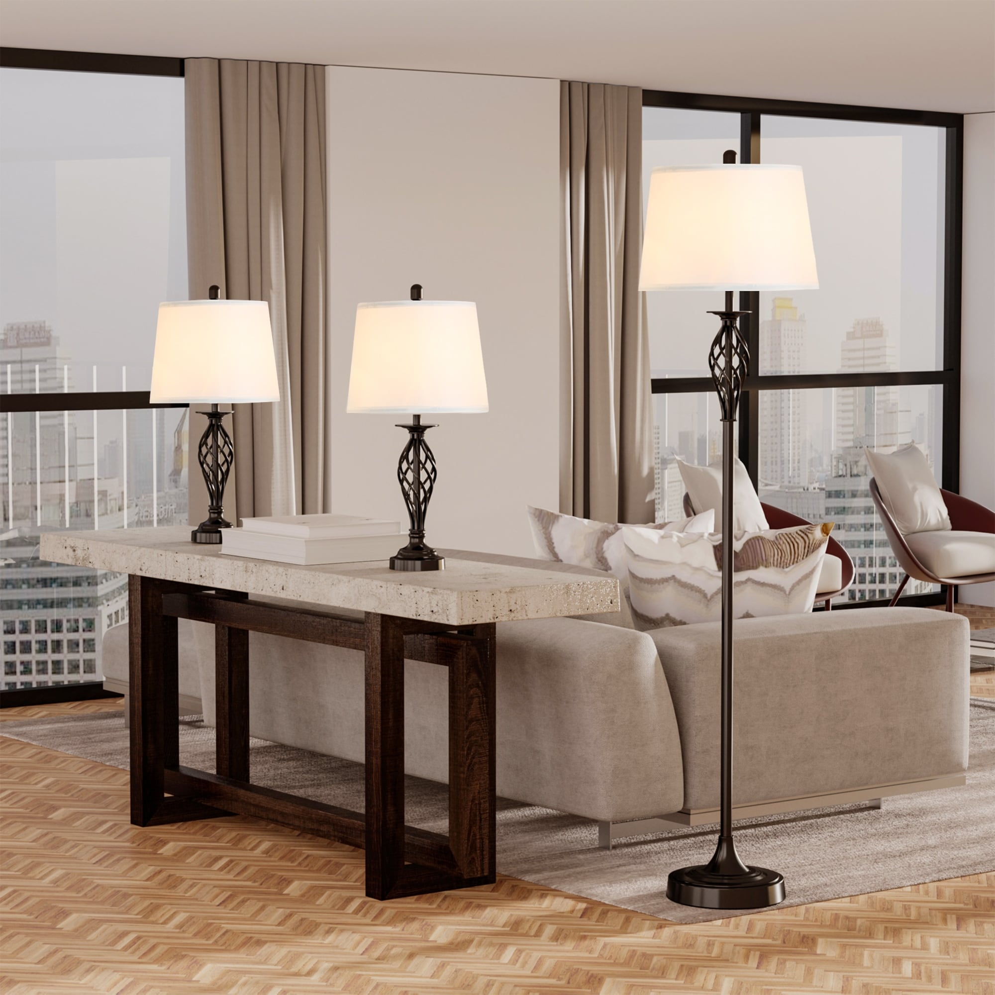 HOMCOM 3 Piece Table Floor Lamp Set with Metal Pole, Round Base, and Fabric Lampshade