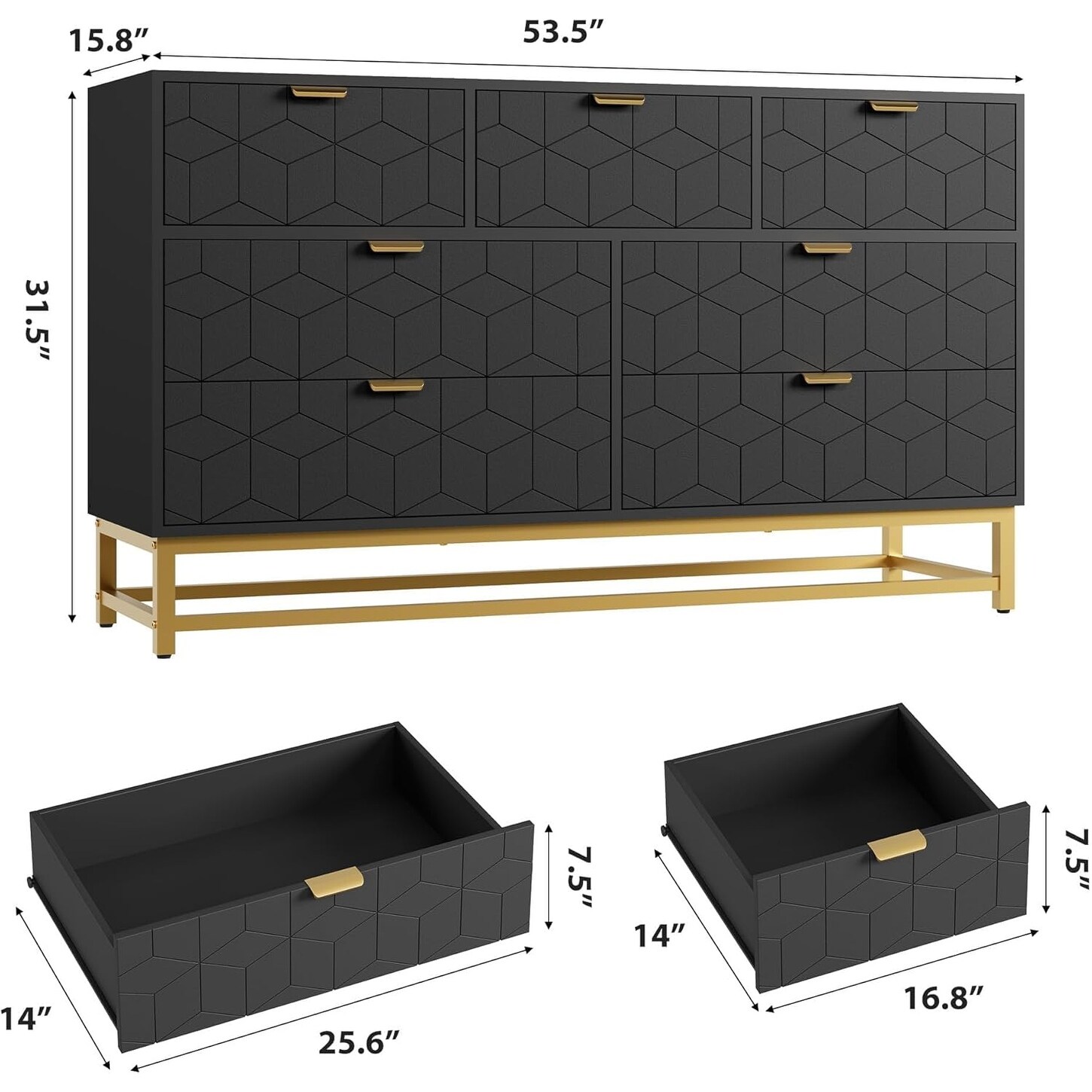 53.5 Inch Black 7-Drawer Modern Dresser, Gold Metal Handle & Legs, Chest Storage Organizer for Closet, Entryway - Bed Bath & Beyond - 43758219 53.5 Inch Black 7-Drawer Modern Dresser, Gold Metal Handle & Legs, Chest Storage Organizer for Closet, Entryway - Bed Bath & Beyond - 43758219
