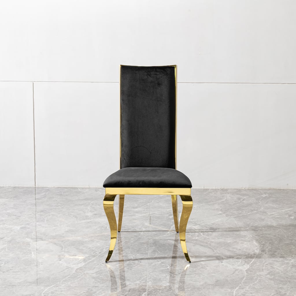 Dining chair black velvet with unique design backrest set of 2,mirror gold stainless steel legs