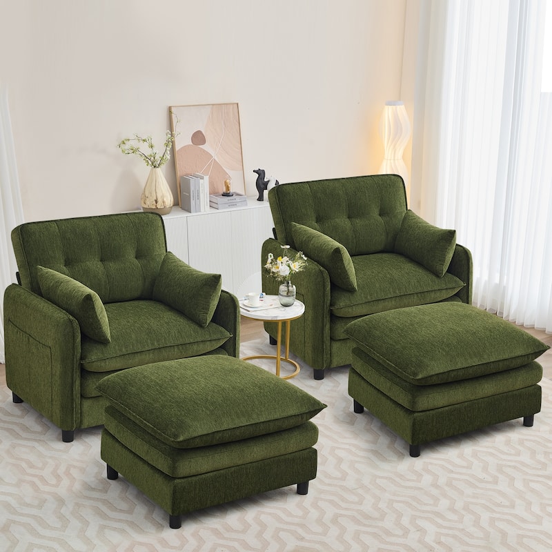 Upholstered Chenille Oversized Accent Armchairs with Ottoman and Side Pocket