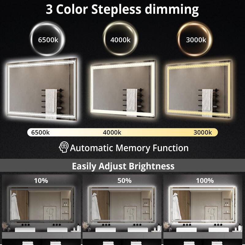 LED Bathroom Mirror with Lights,Anti-Fog,Dimmable,Backlit + Front Lit,Lighted Mirrors for Bathroom Wall