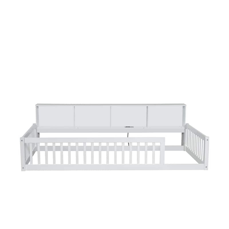 Roomfitters Wood Twin XL Floor Bed with Storage Cabinets and USB Ports