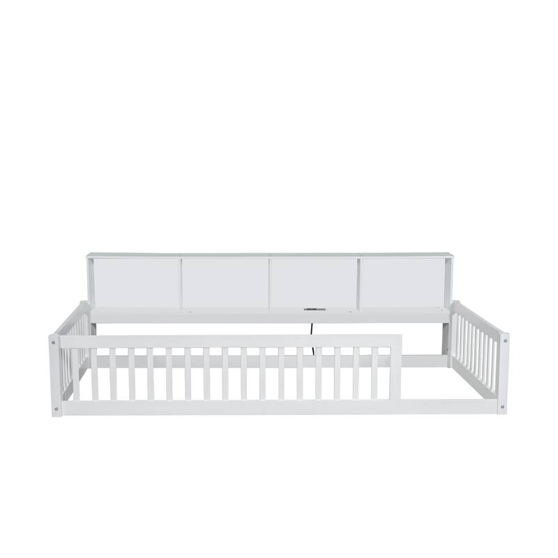 Twin XL Solid Wood Bed With 3 Storage Cabinets, Charging Station Semi Enclosed Safety Fence, 2 Outlets, 2 USB Ports